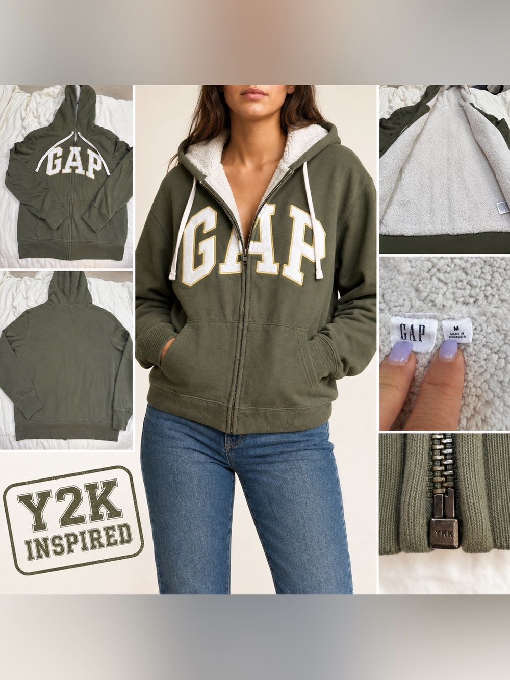 GAP Y2K-Inspired Sherpa Lined Logo Full-Zip Hoodie Green Medium